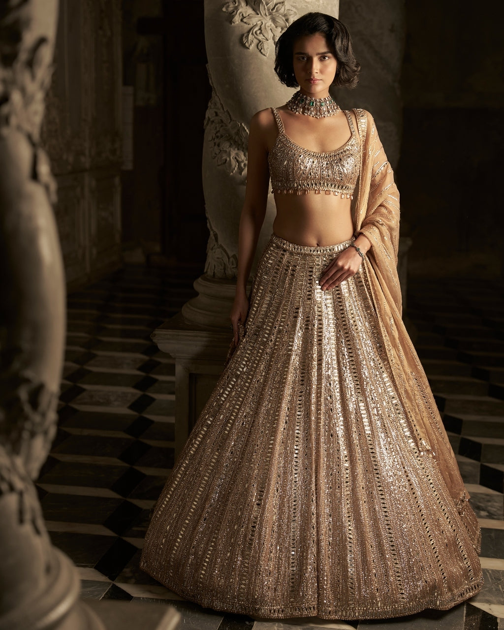 Gold Mirror Work Lehenga Set