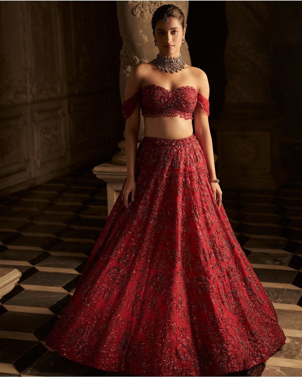 Red Off-Shoulder Lehenga Set