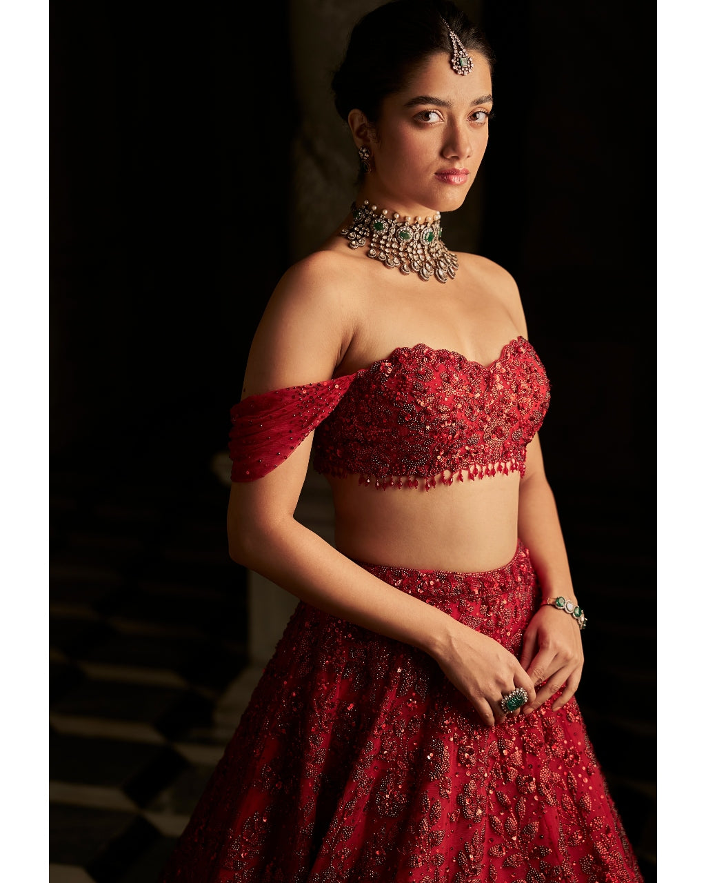 Red Off-Shoulder Lehenga Set