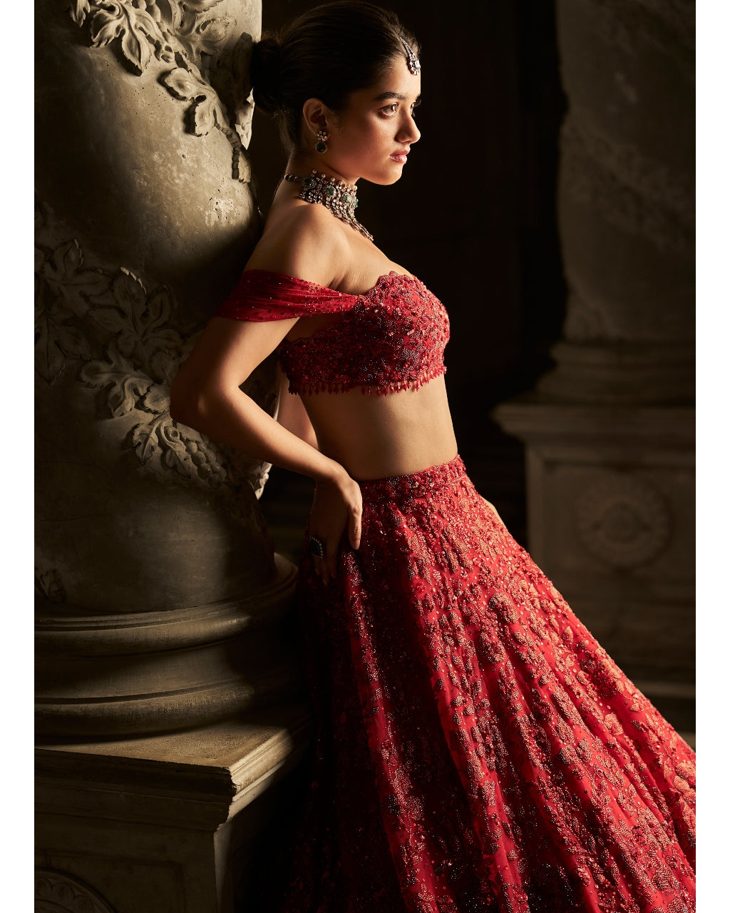 Red Off-Shoulder Lehenga Set