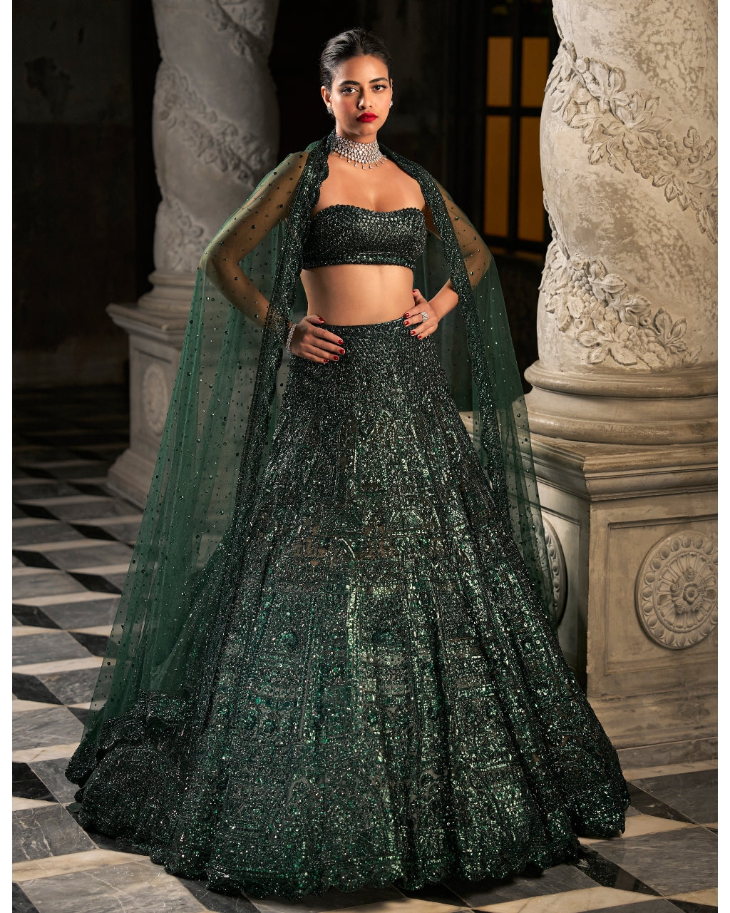 Emerald Green Sequin Lehenga Set