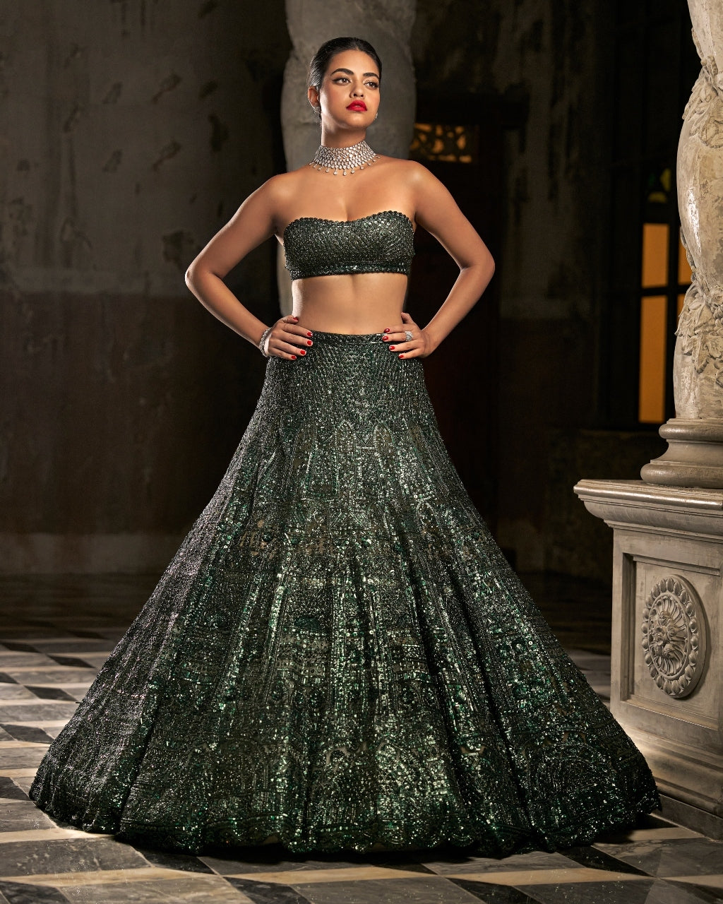 Emerald Green Sequin Lehenga Set