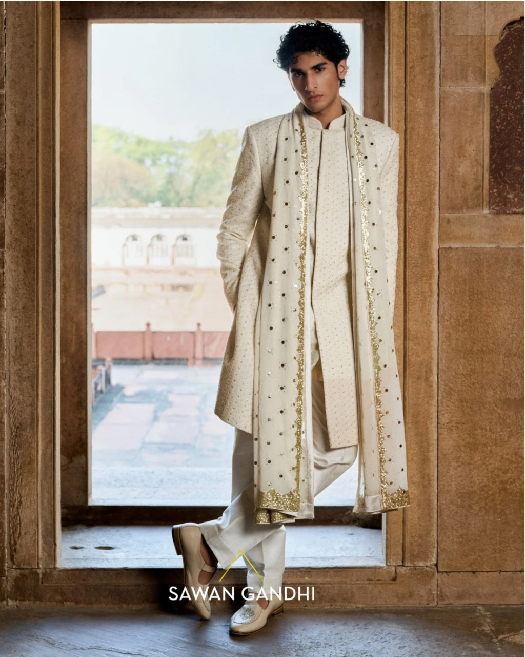 Ivory Patti Jaal Sherwani Set