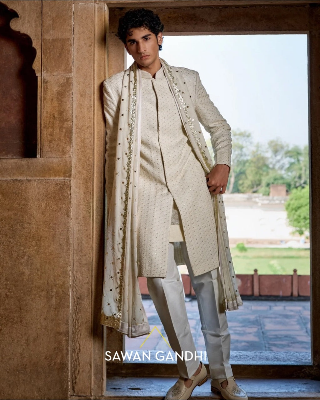 Ivory Patti Jaal Sherwani Set