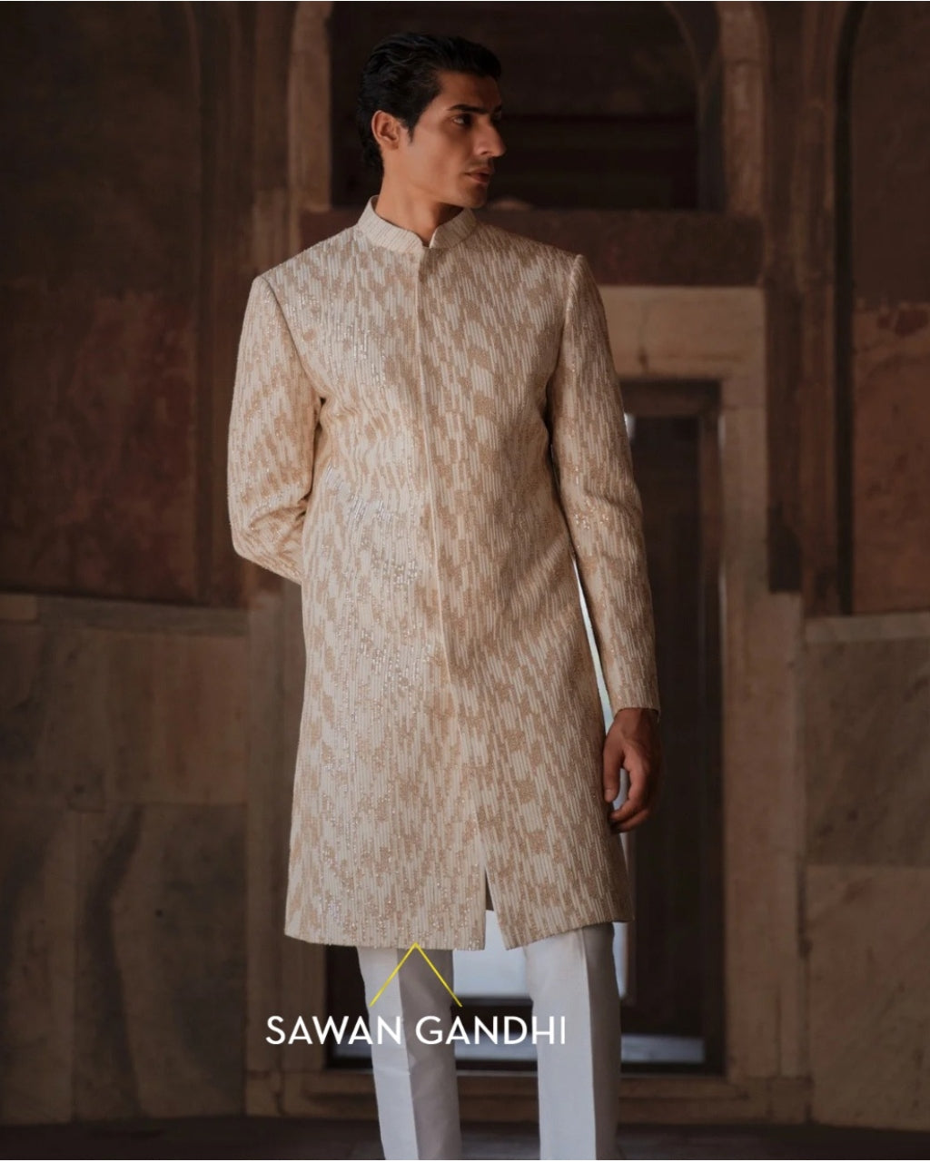Ivory Gold Sequins Sherwani Set
