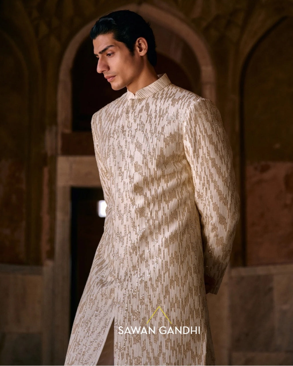 Ivory Gold Sequins Sherwani Set
