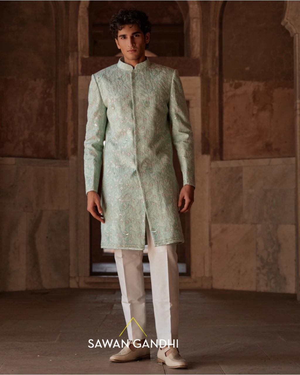Sea Green Threadwork Sherwani Set