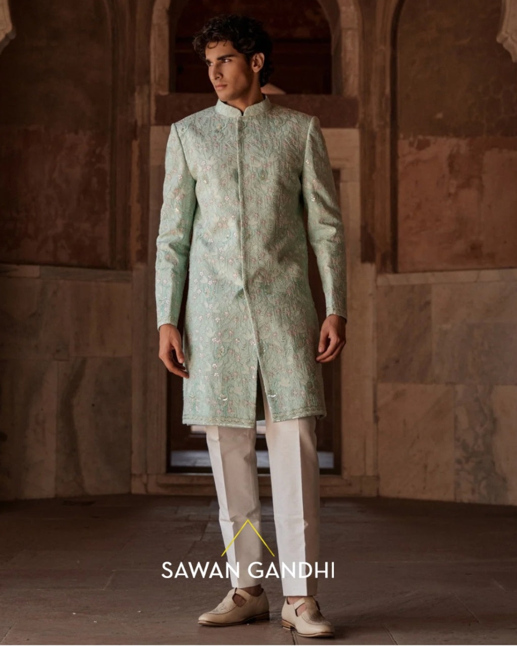 Sea Green Threadwork Sherwani Set