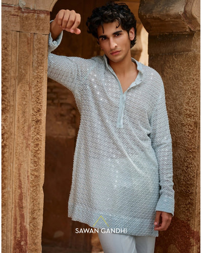 Mint Blue Jaal Work Kurta Set