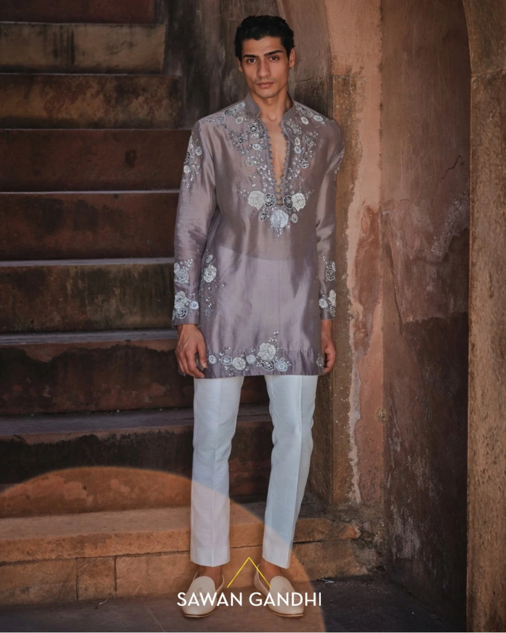 Taupe Floral Applique Kurta Set