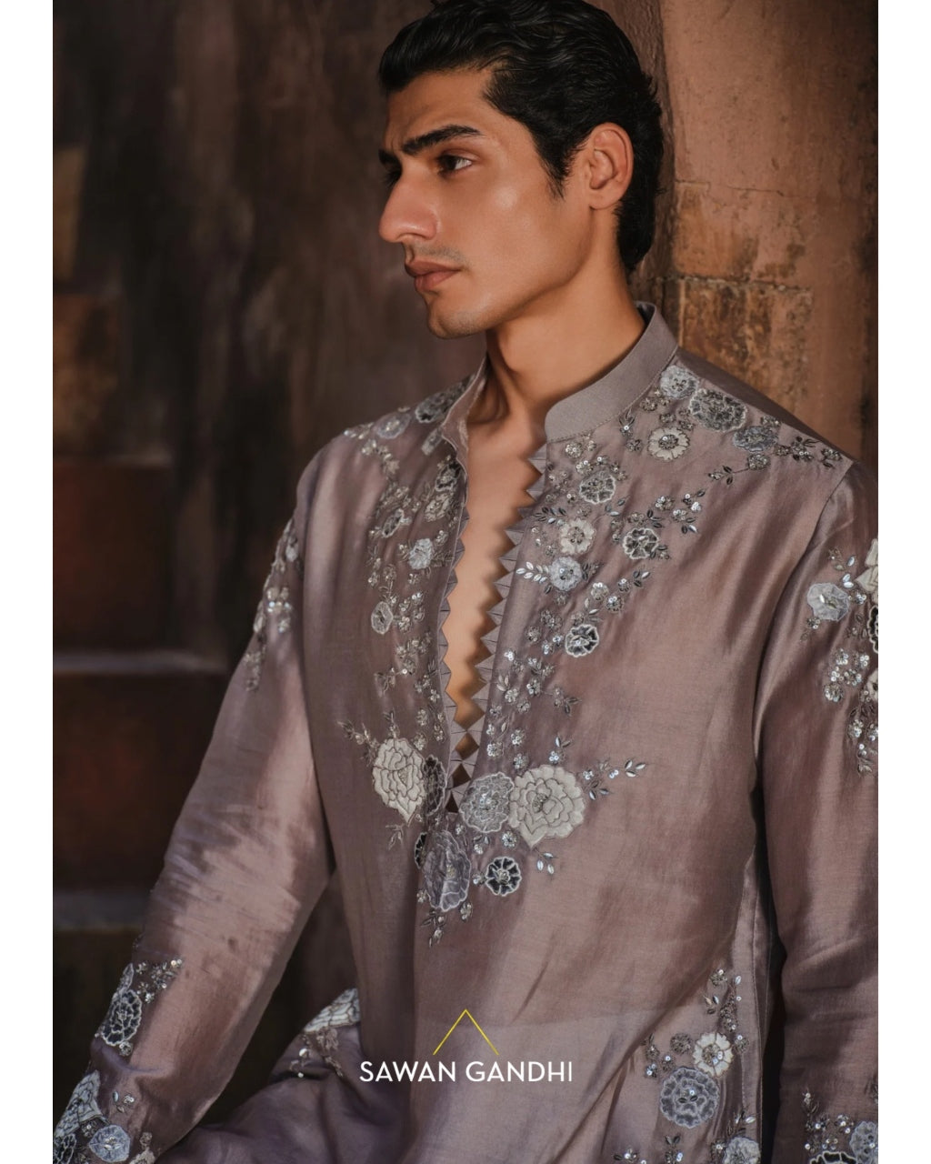 Taupe Floral Applique Kurta Set
