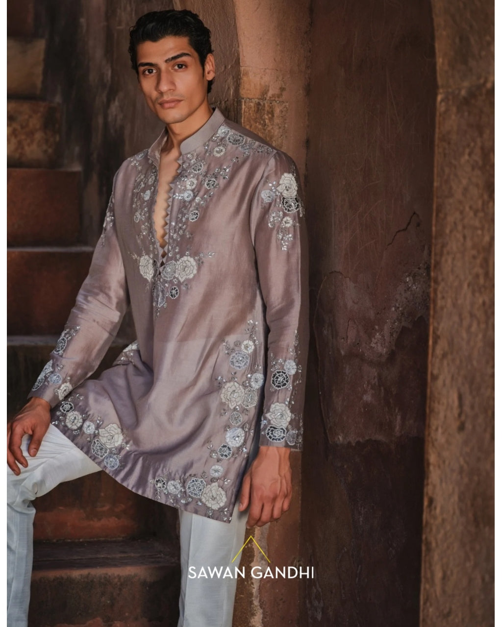 Taupe Floral Applique Kurta Set