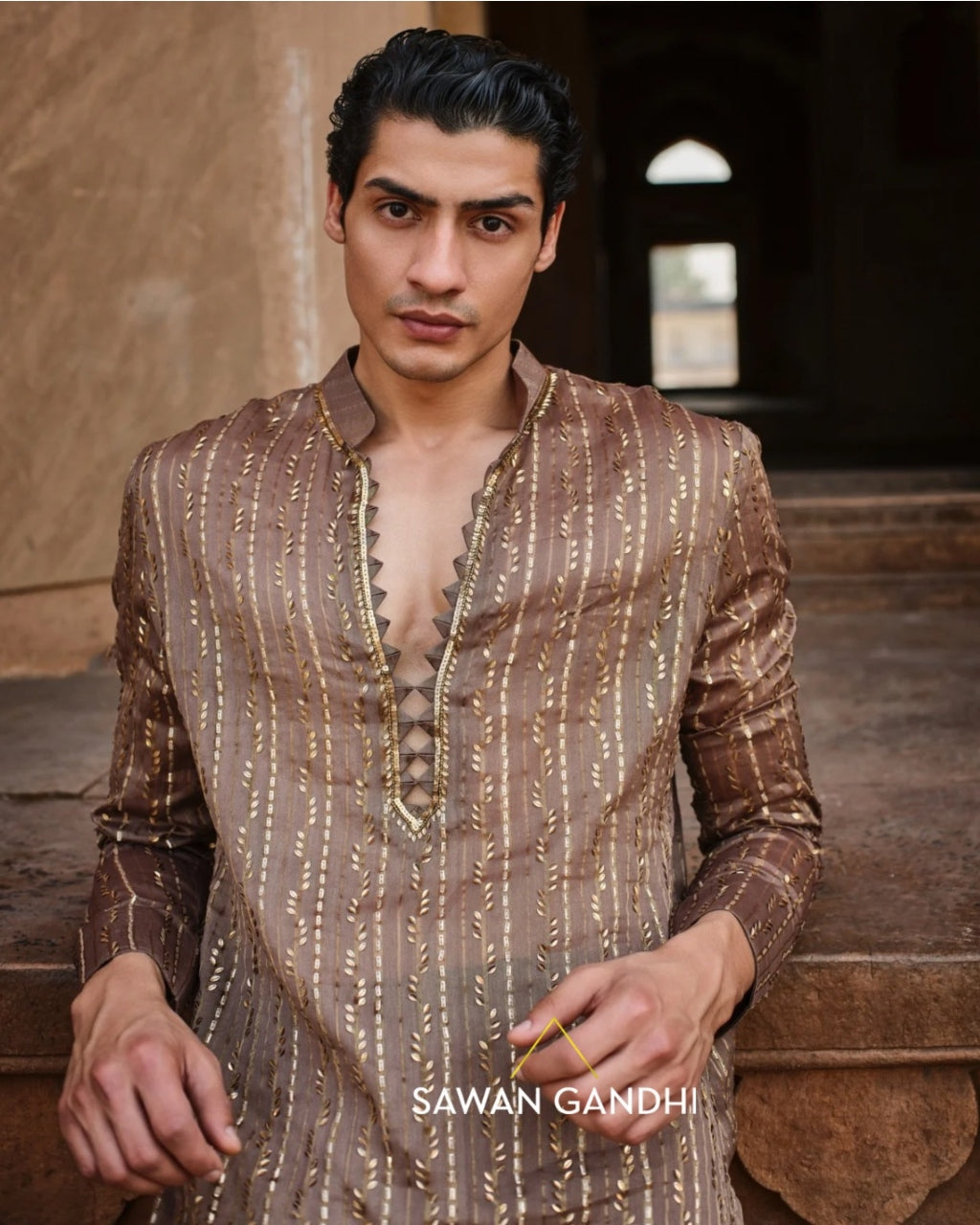 Olive Brown Tissue Kurta Set