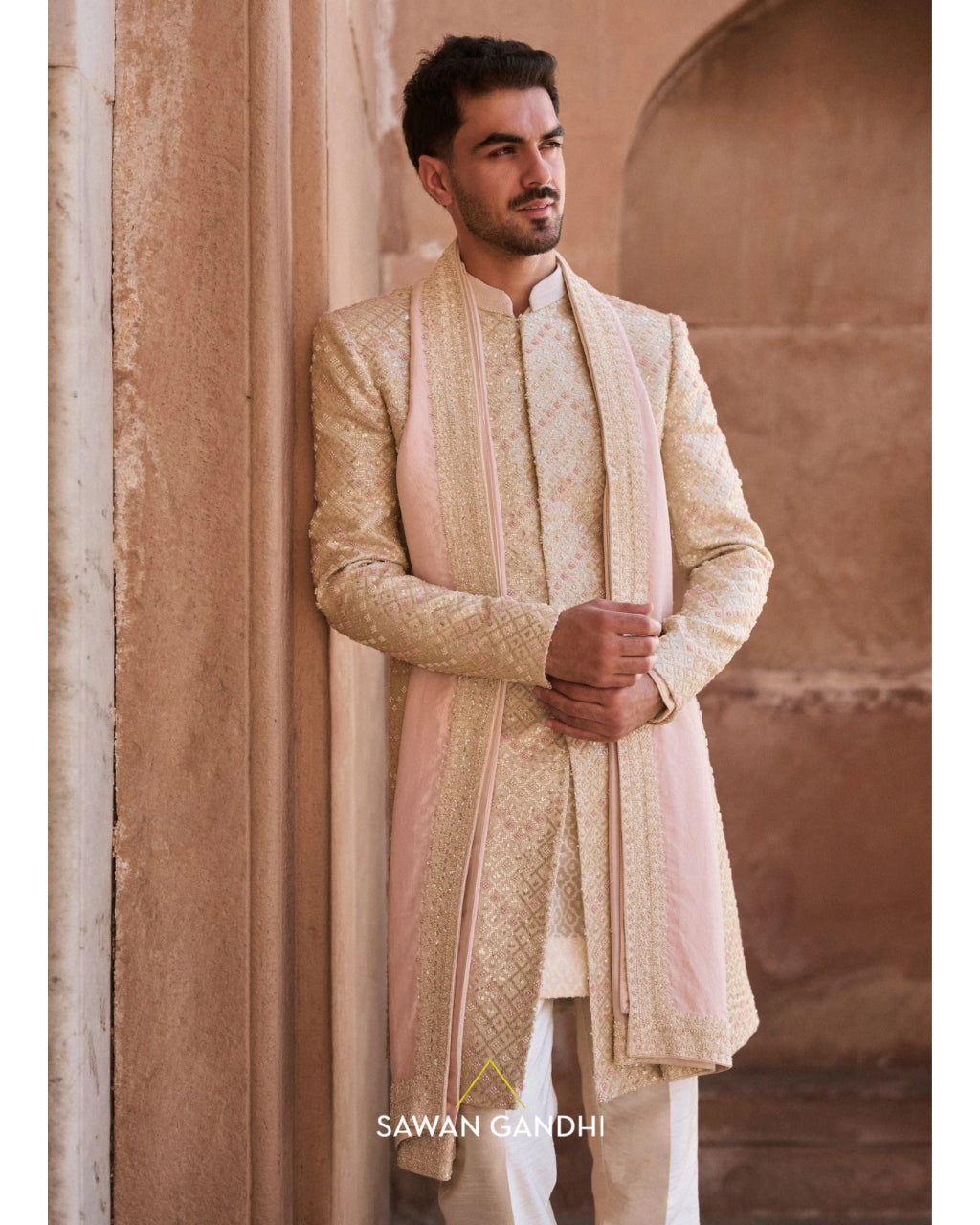 Ivory Chevron Sequins Sherwani Set