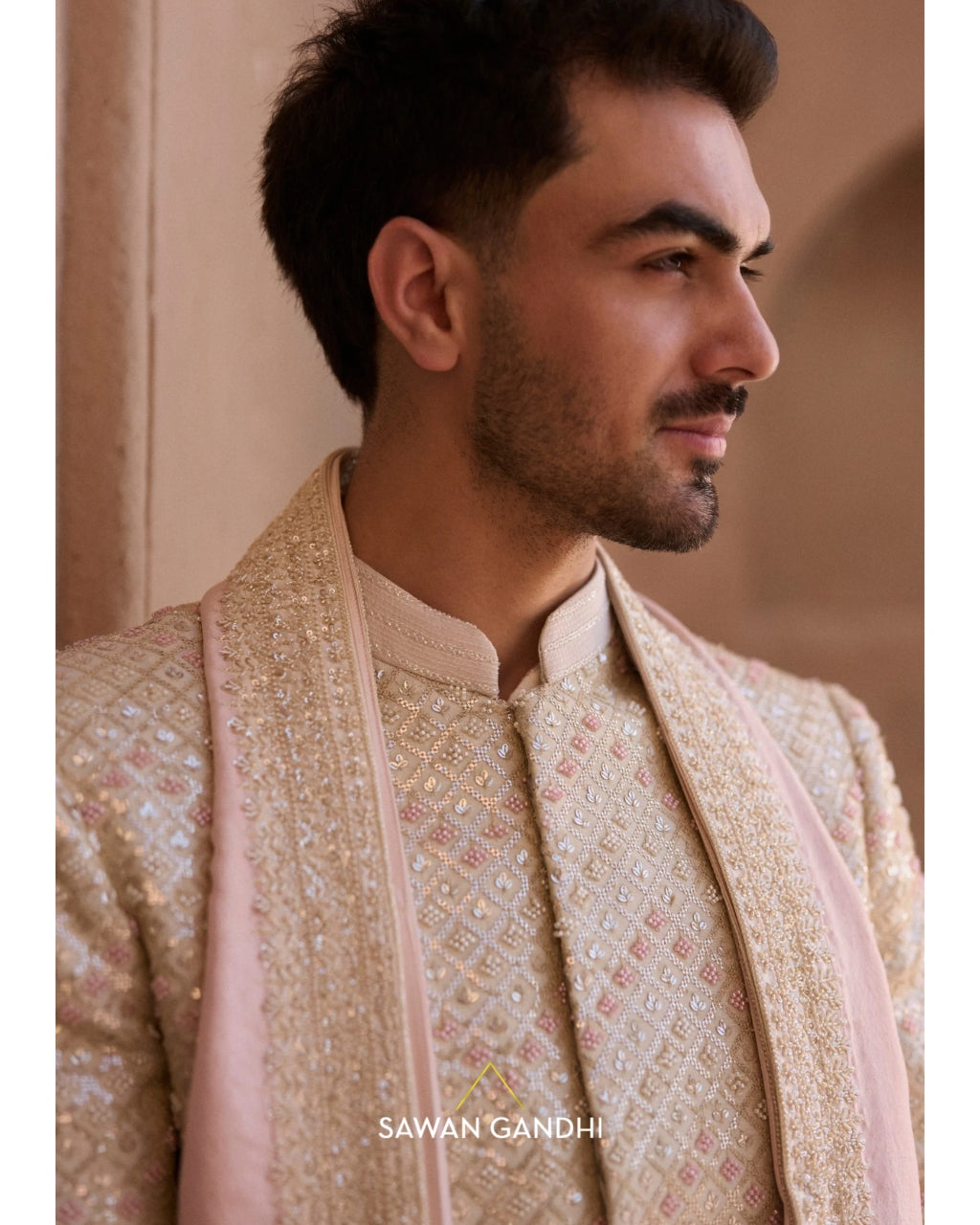 Ivory Chevron Sequins Sherwani Set
