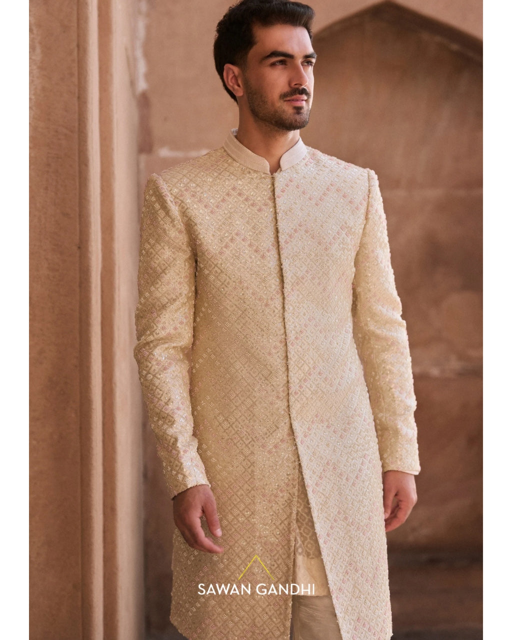 Ivory Chevron Sequins Sherwani Set