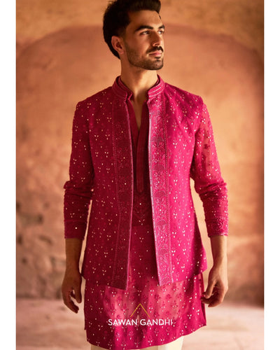 Hot Pink Chikankari Nehru Set