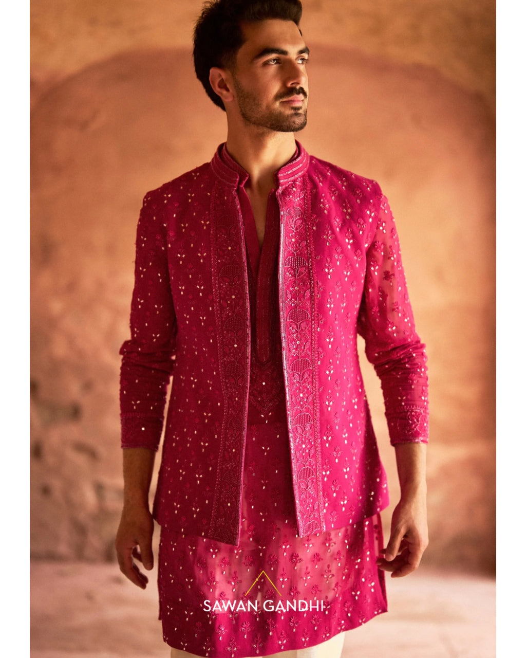 Hot Pink Chikankari Nehru Set