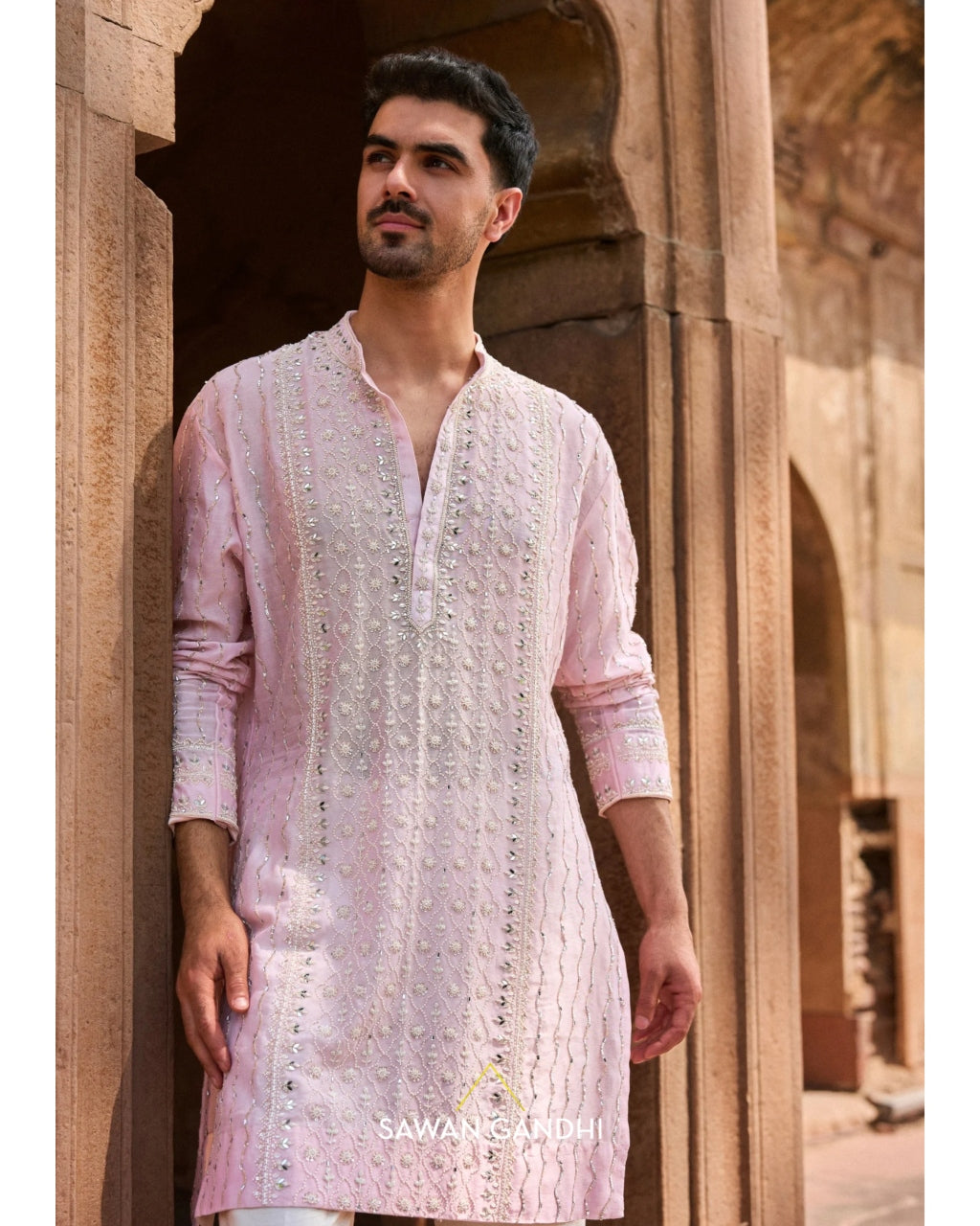 Peach Pearl ,Cutdana And Mirror Work Kurta Set