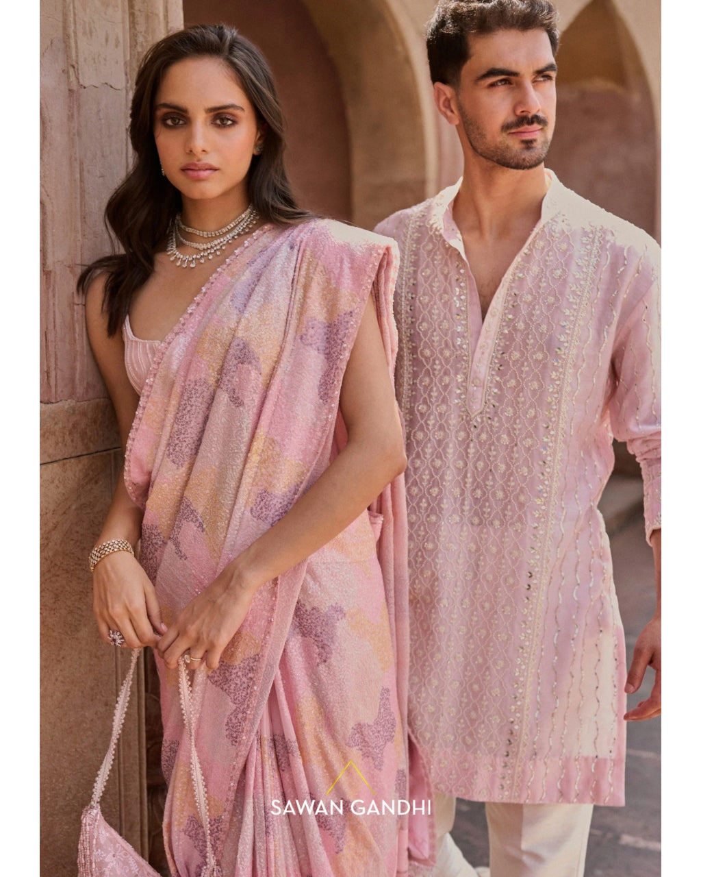 Peach Pearl ,Cutdana And Mirror Work Kurta Set