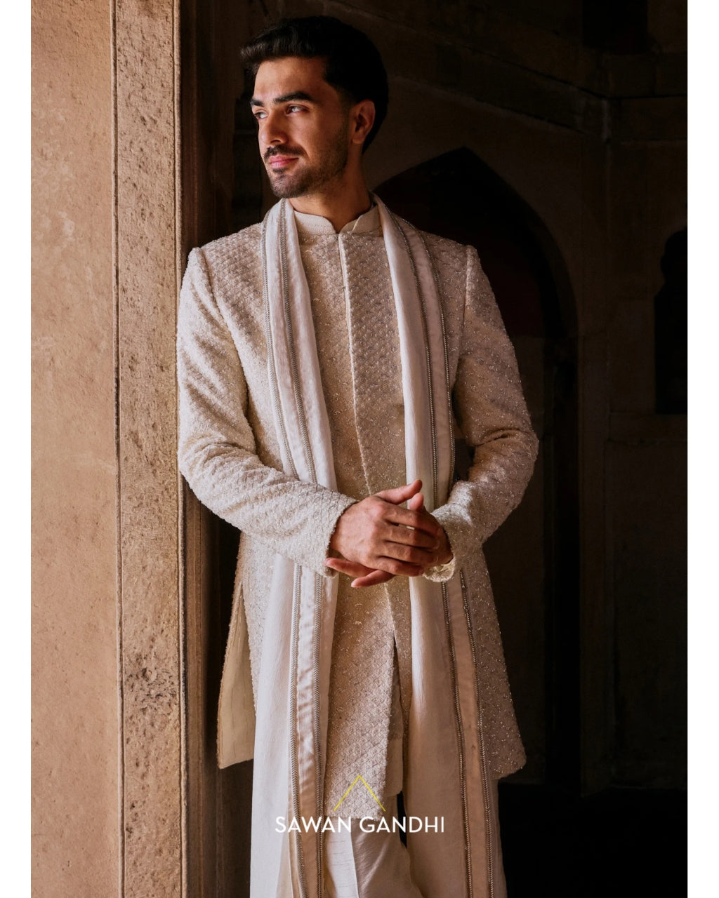Ivory Cutdana And Sequin Sherwani Set