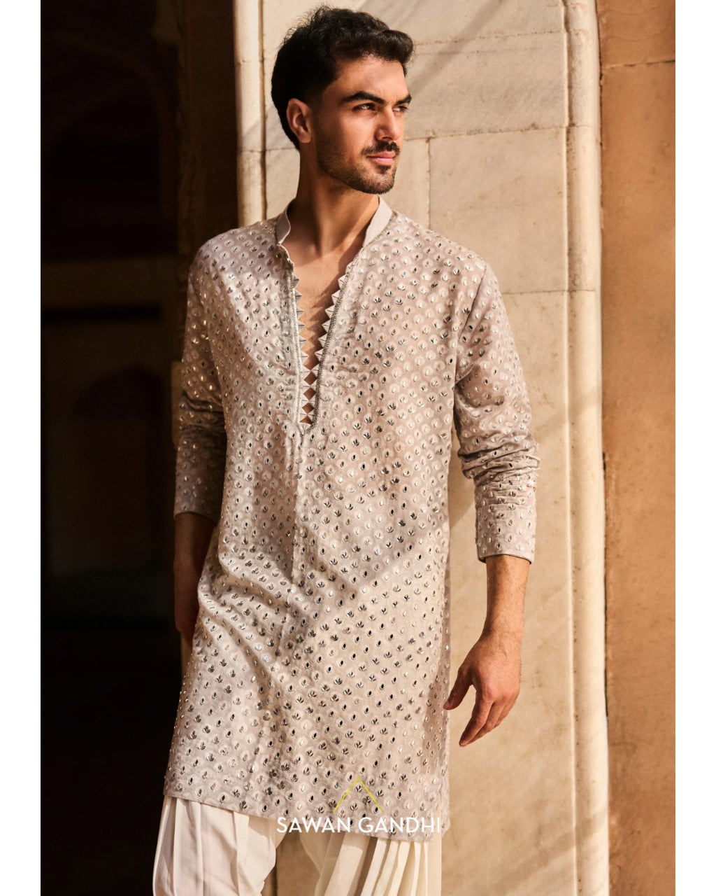 Grey Sequin And Mirror Kurta Set