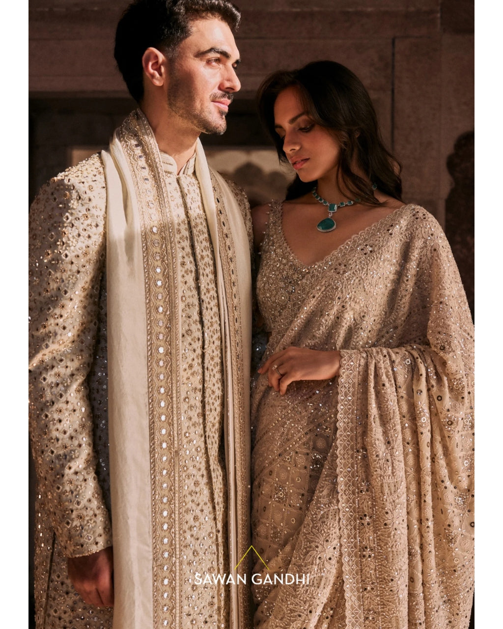 Ivory All Over Embellished Sherwani Set
