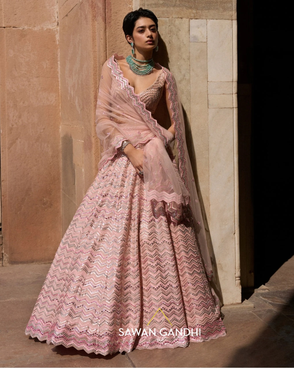 Blush Pink Chevron Lehenga Set
