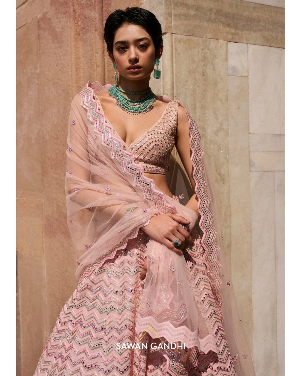 Blush Pink Chevron Lehenga Set