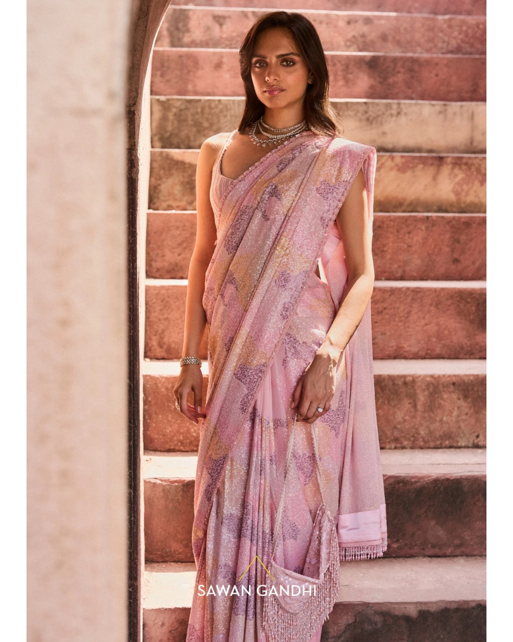 Pink Multicolor Sequins Sari Set