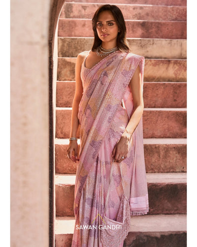 Pink Multicolor Sequins Sari Set