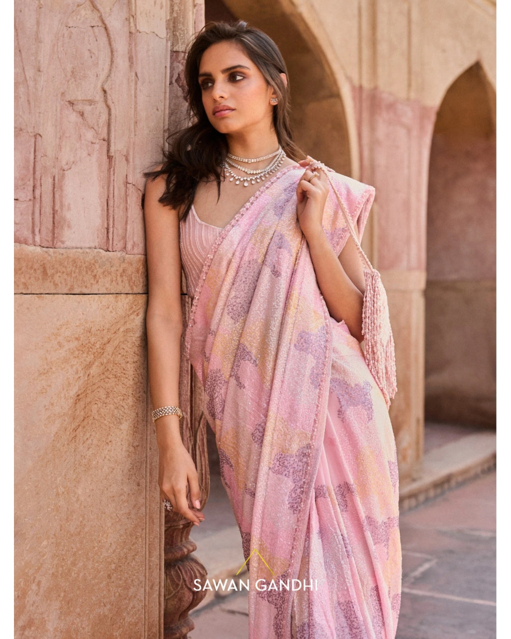 Pink Multicolor Sequins Sari Set
