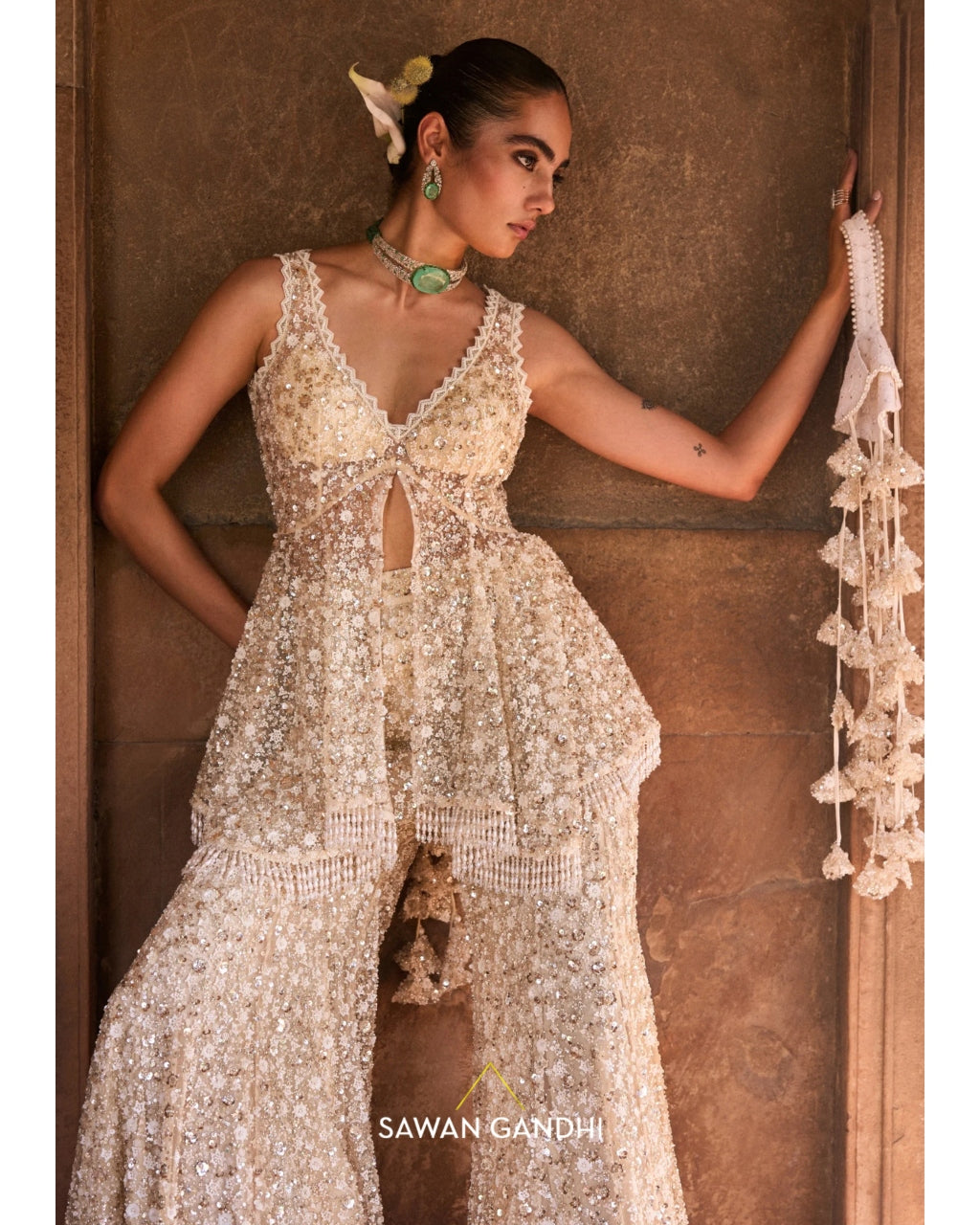 Ivory Cutdana And Sequins Peplum Set