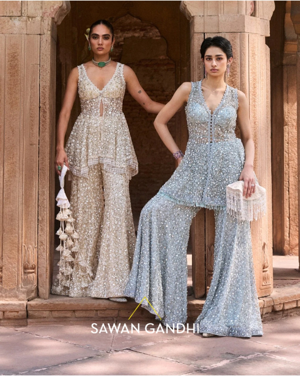 Ivory Cutdana And Sequins Peplum Set