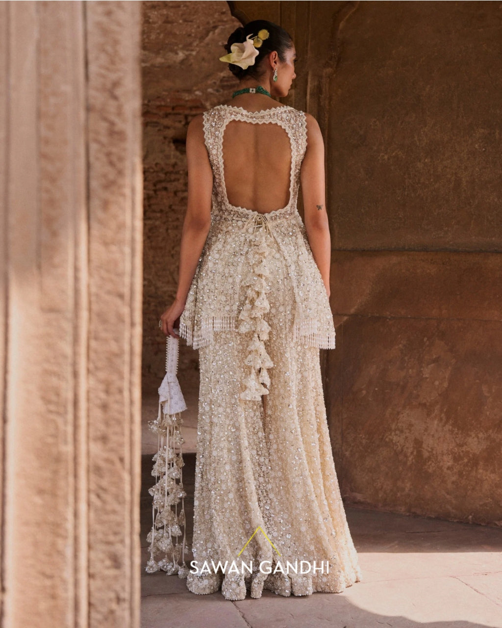 Ivory Cutdana And Sequins Peplum Set