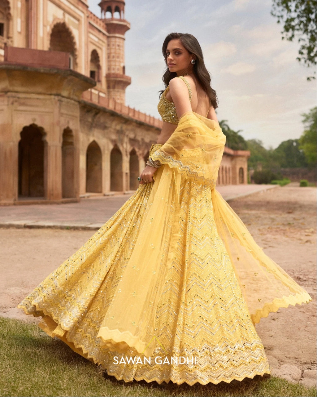 Yellow Chevron Lehenga Set