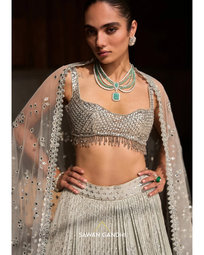 Grey Sequin And Threadwork Vines Lehenga Set