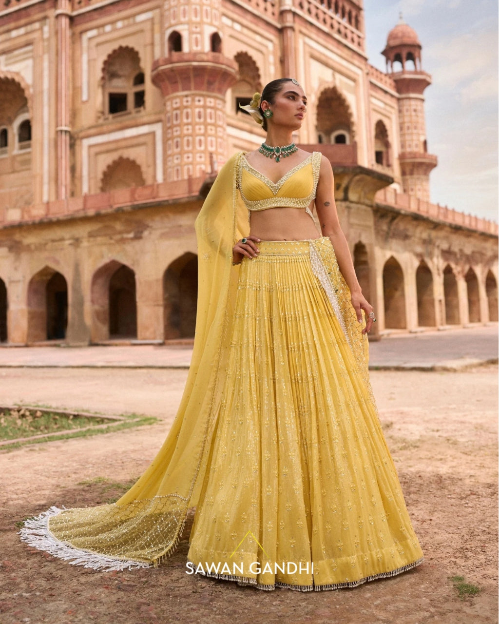 Yellow Paani Sequin Mirror Booti Lehenga Set