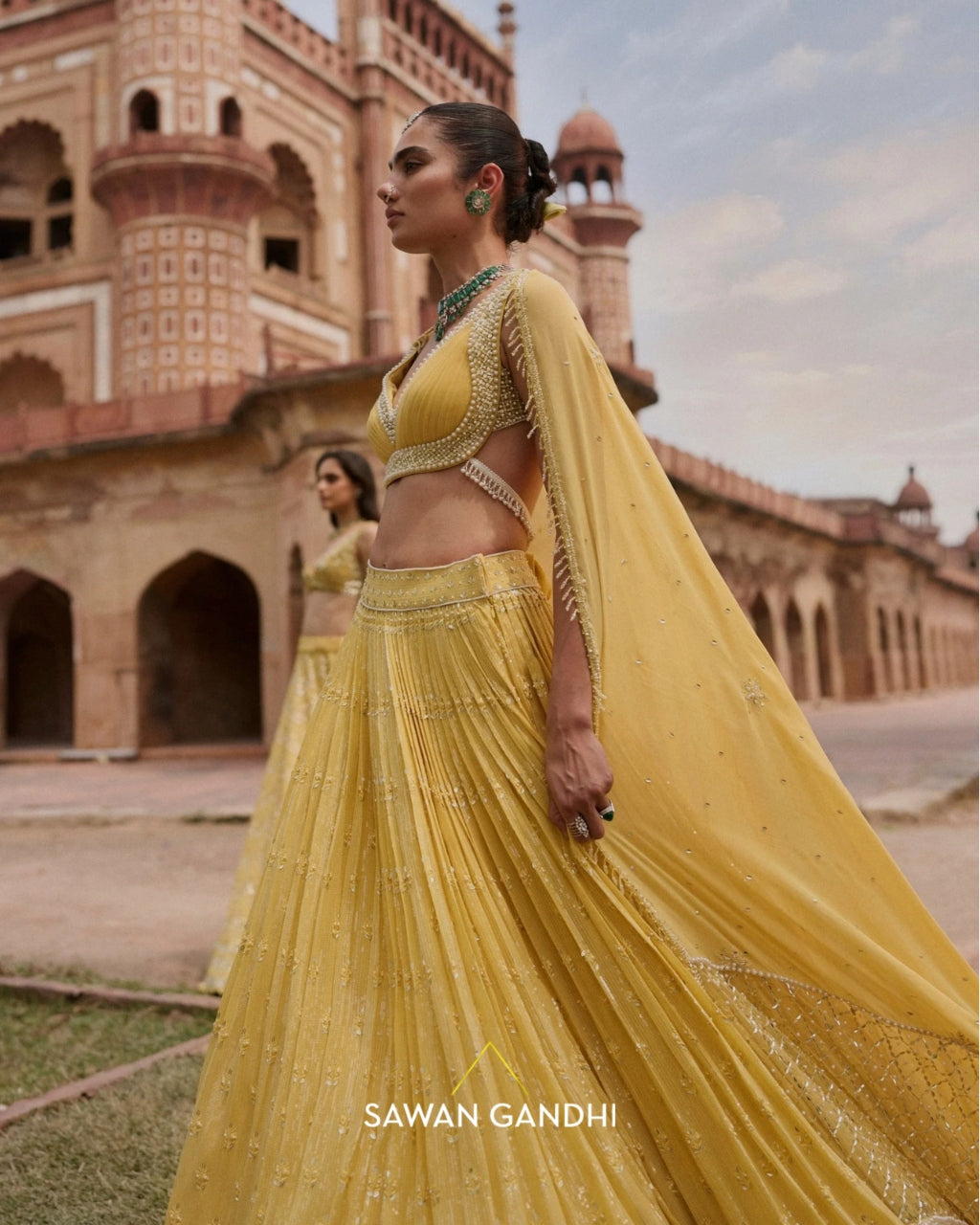Yellow Paani Sequin Mirror Booti Lehenga Set