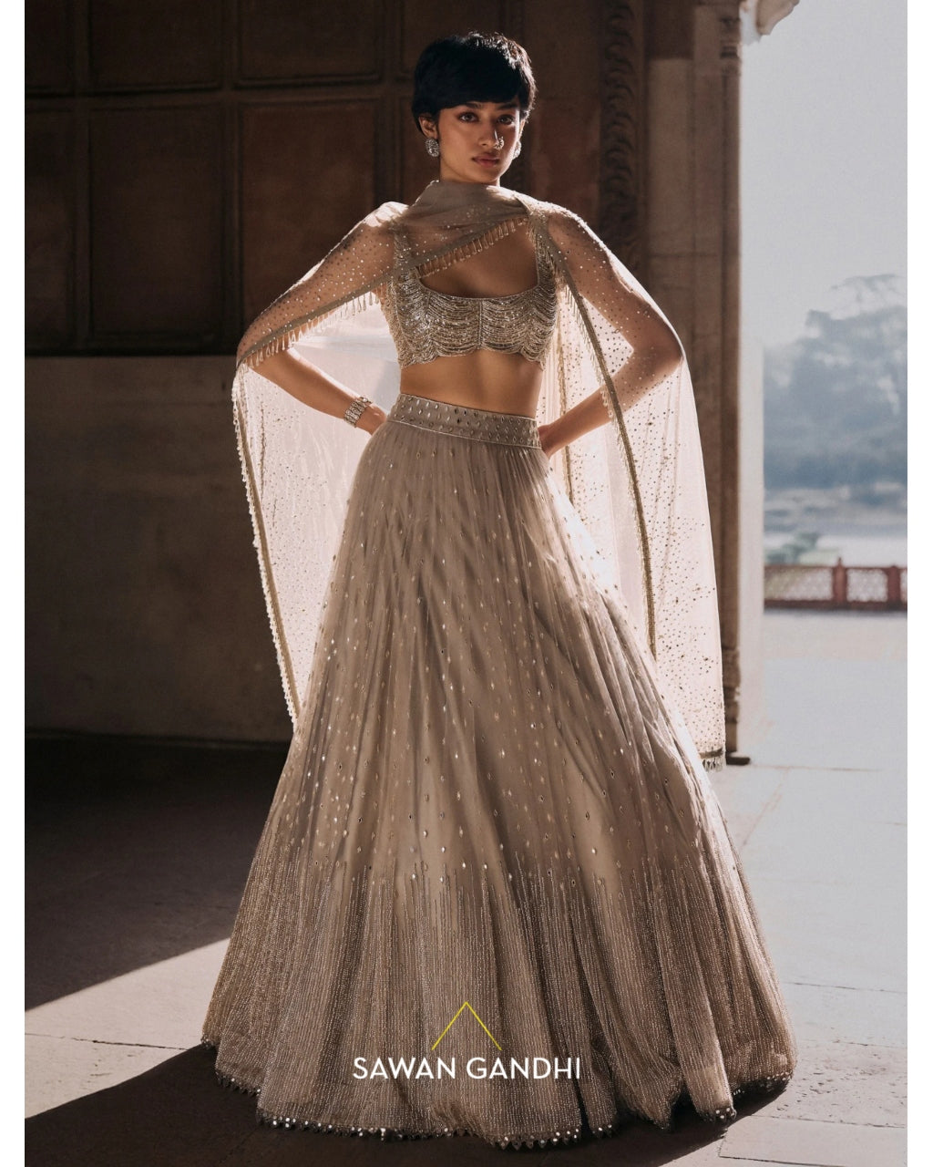 Grey Cutdana And Mirrorwork Lehenga Set