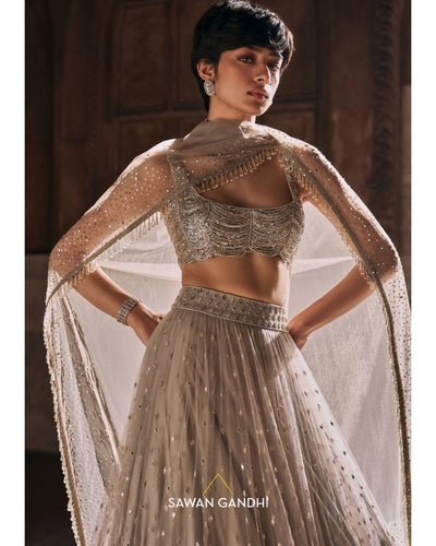 Grey Cutdana And Mirrorwork Lehenga Set