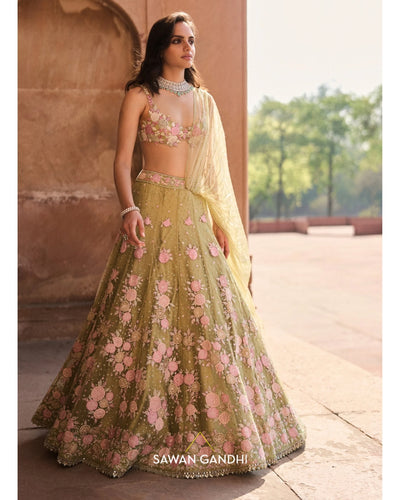 Pista Green Floral Applique Lehenga Set