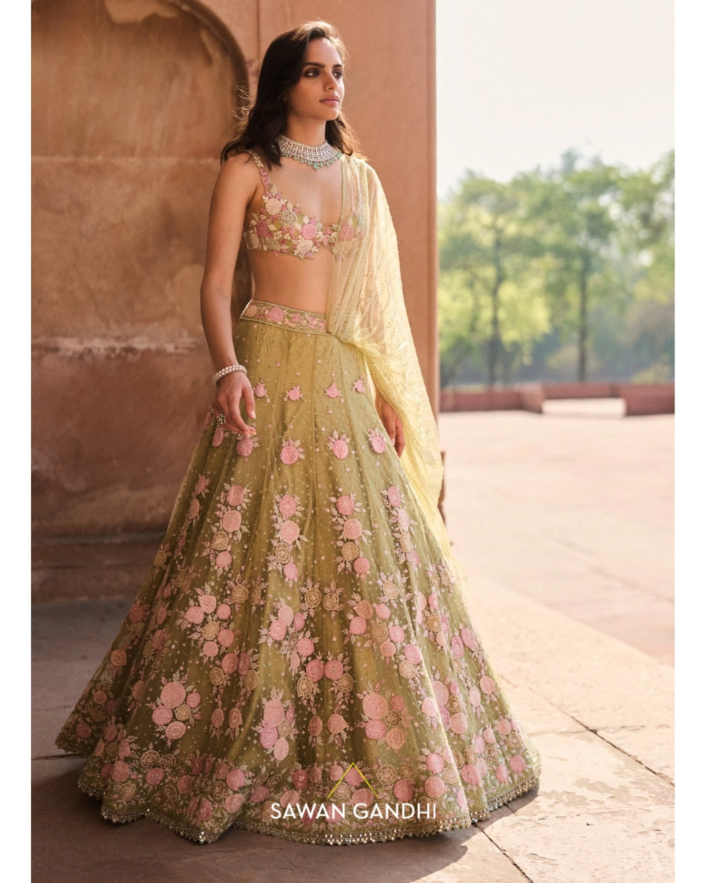 Pista Green Floral Applique Lehenga Set
