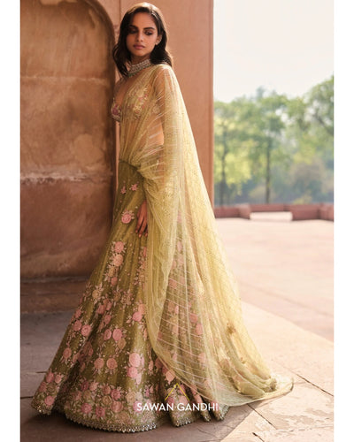 Pista Green Floral Applique Lehenga Set