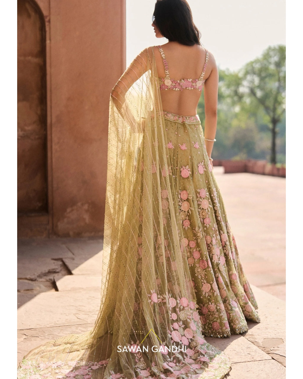 Pista Green Floral Applique Lehenga Set