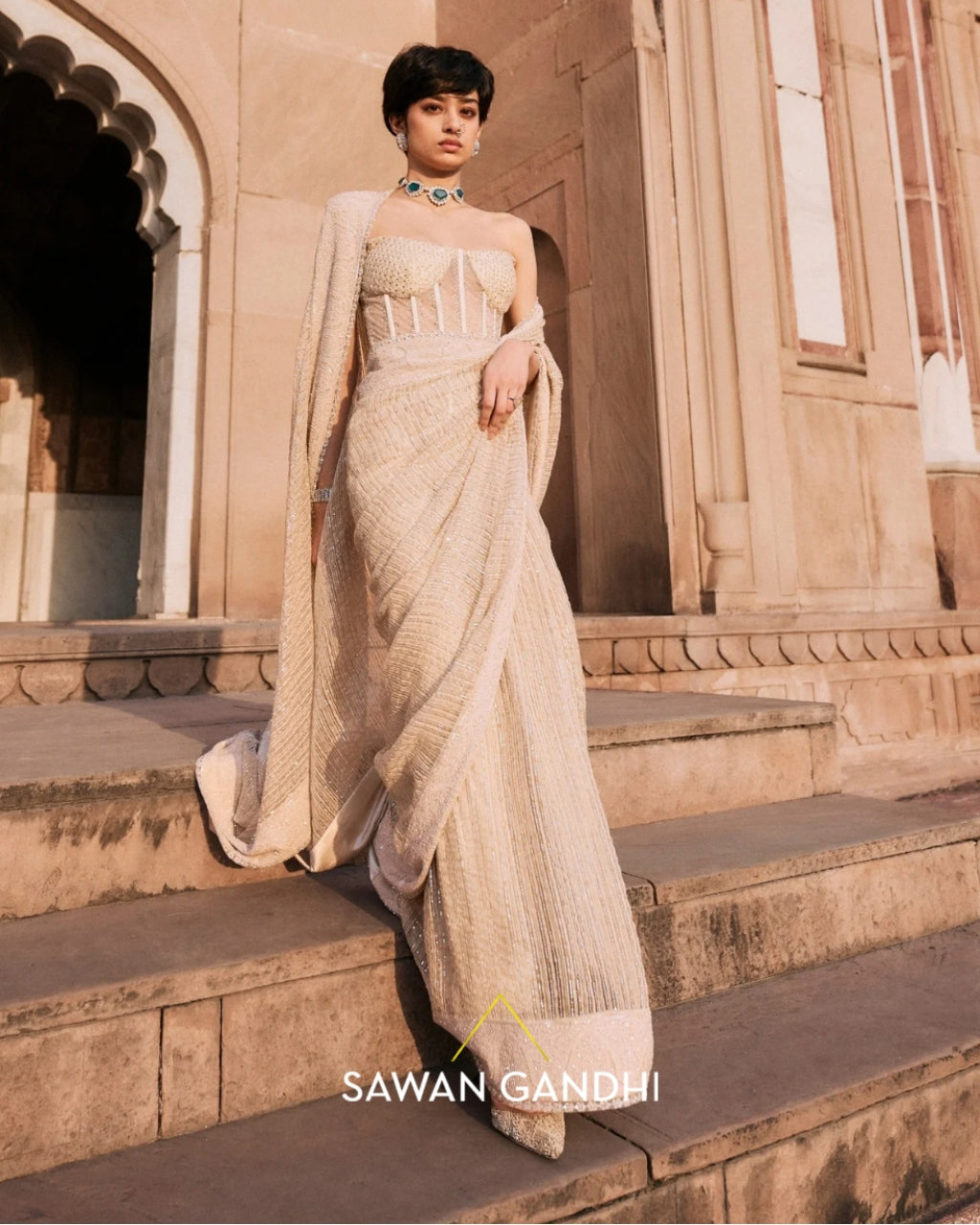 Ivory Chikankari Border Ghicha Sari Set