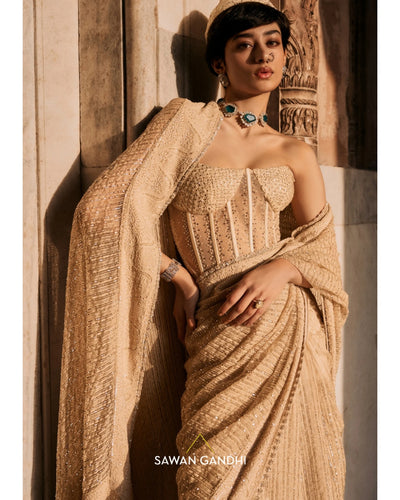 Ivory Chikankari Border Ghicha Sari Set