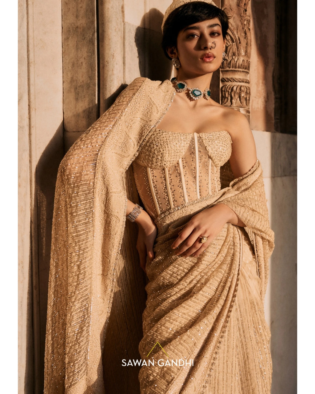 Ivory Chikankari Border Ghicha Sari Set