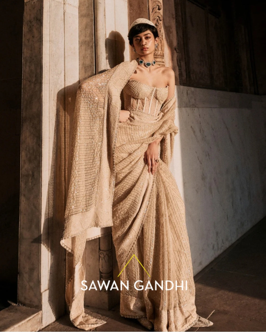 Ivory Chikankari Border Ghicha Sari Set