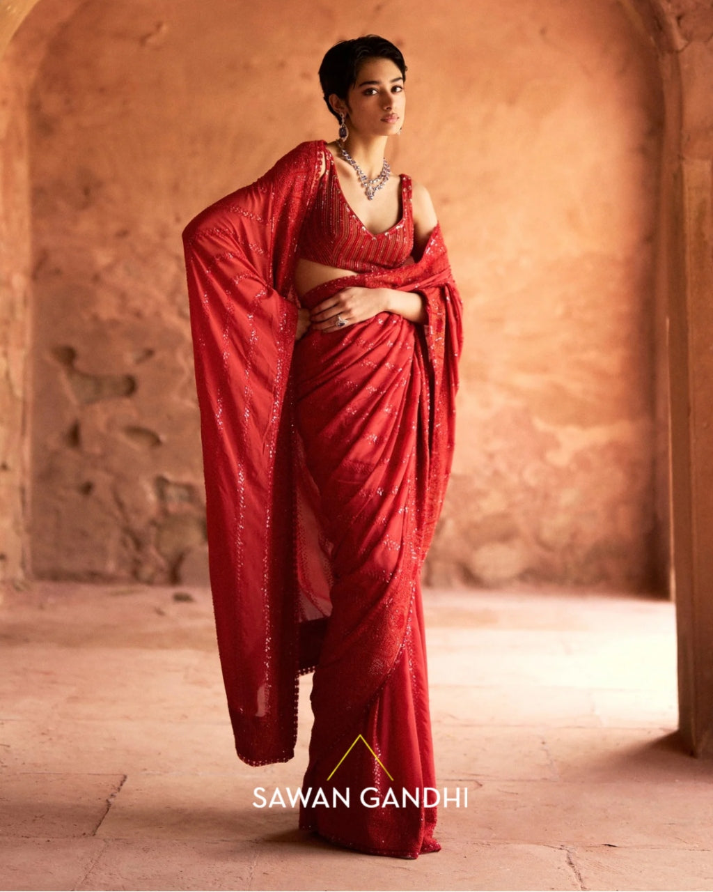 Orange Red Sequin Stripe Sari Set